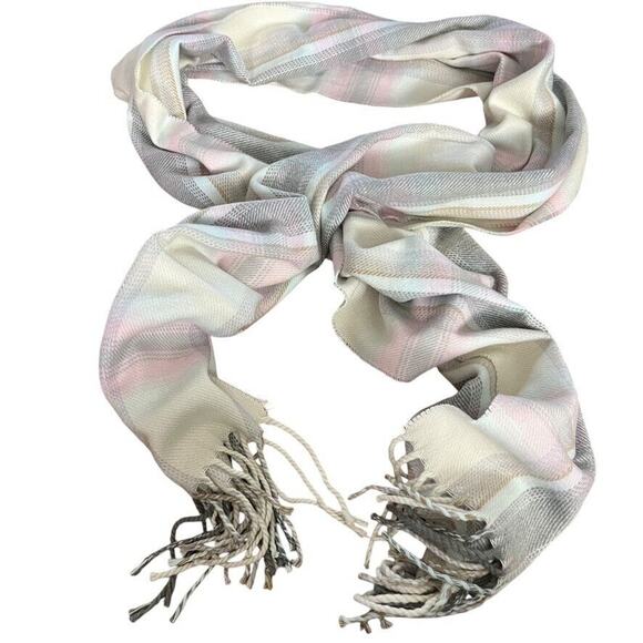 100% Pure Cashmere Made in Scotland Plaid Womens Fringe Pink Gray Scarf 68x12" - Picture 1 of 15